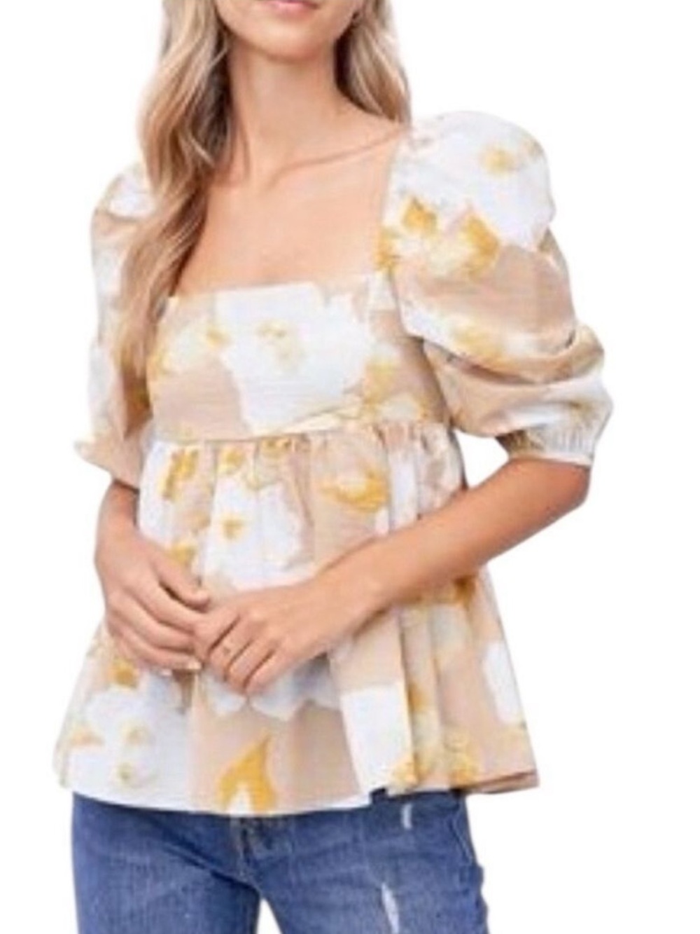 En Saison Floral Puff Sleeve Blouse Tan White NWT Medium‎ Smocked Babydoll